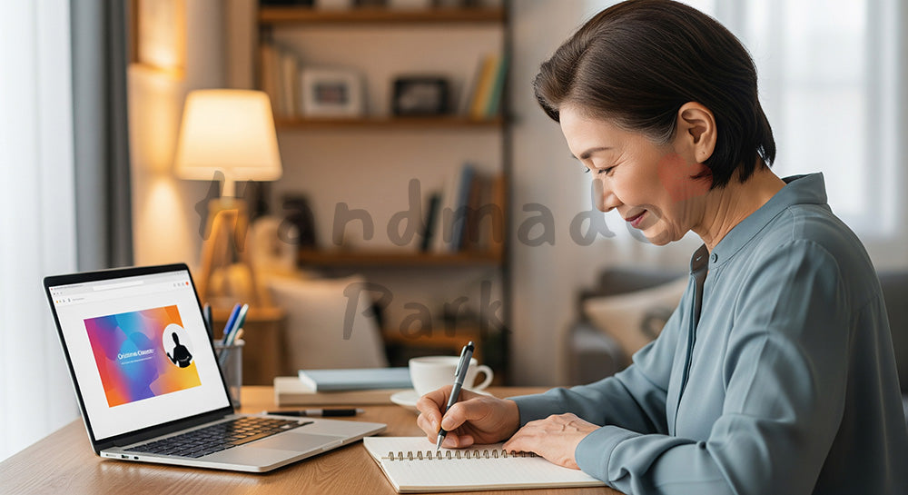 フリー素材 無料 写真｜ノートPCでオンライン講座を受講しメモを取る日本人シニア女性 写真背景