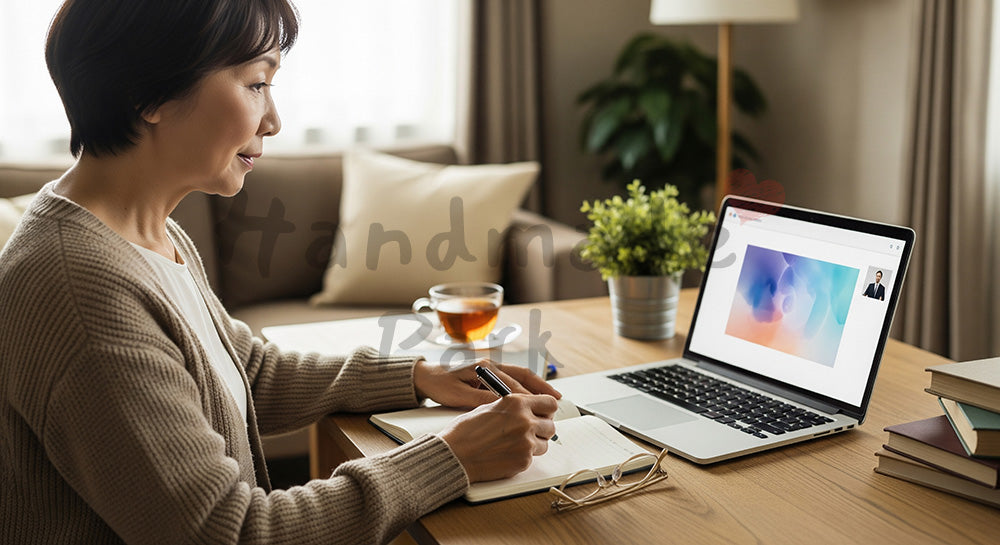フリー素材 無料 写真｜ノートPCでオンライン講座を受講しメモを取る日本人シニア女性
