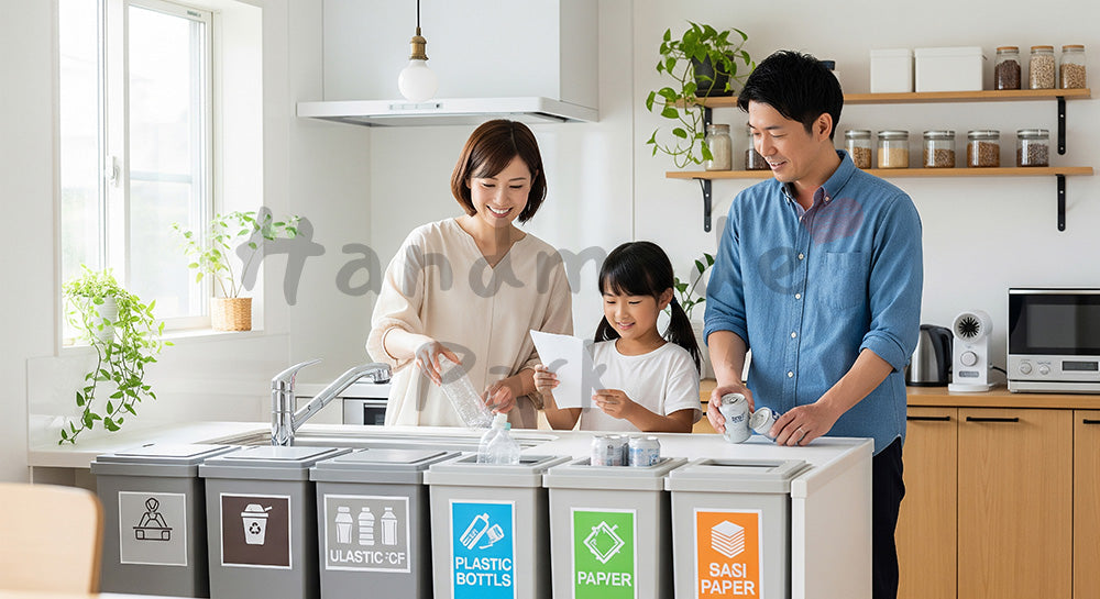 フリー素材 無料 写真｜家庭のキッチンでゴミを分別する日本人家族のエコライフ 余白あり