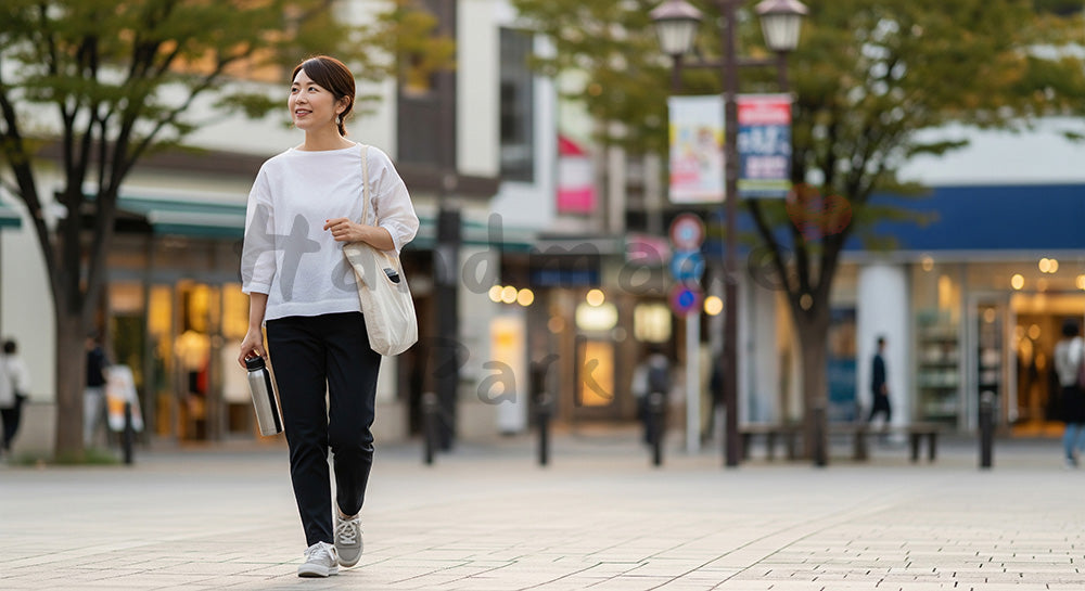 フリー素材 無料 写真｜エコバッグとマイボトルを持って街を歩く日本人女性のサステナブルな日常 写真背景