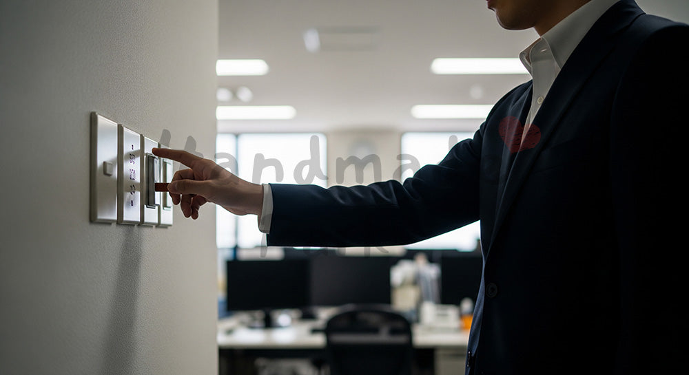 フリー素材 無料 写真｜退室時にオフィスの照明を消す日本人ビジネスパーソンの省エネシーン 余白あり