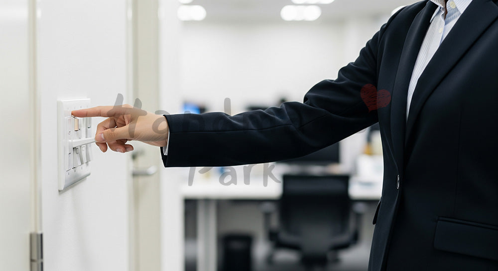 フリー素材 無料 写真｜退室時にオフィスの照明を消す日本人ビジネスパーソンの省エネシーン