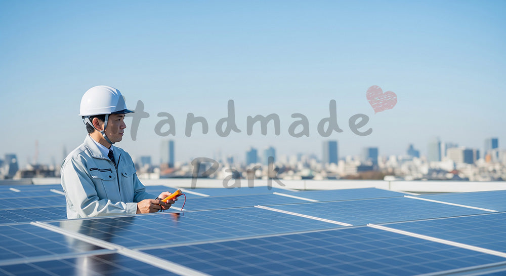 フリー素材 無料 写真|ビル屋上のソーラーパネルを点検する日本人技術者の再生可能エネルギーシーン 写真背景