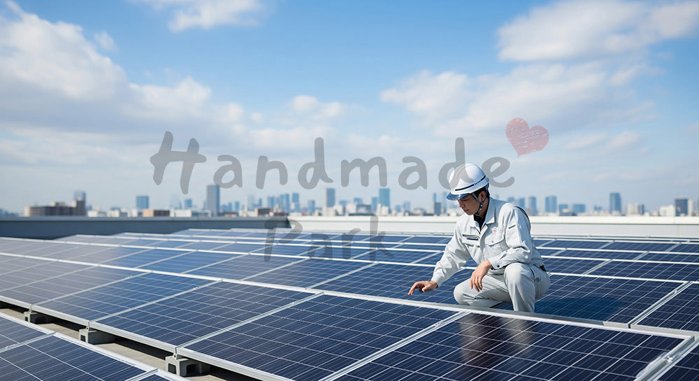 フリー素材 無料 写真|ビル屋上のソーラーパネルを点検する日本人技術者の再生可能エネルギーシーン 背景素材