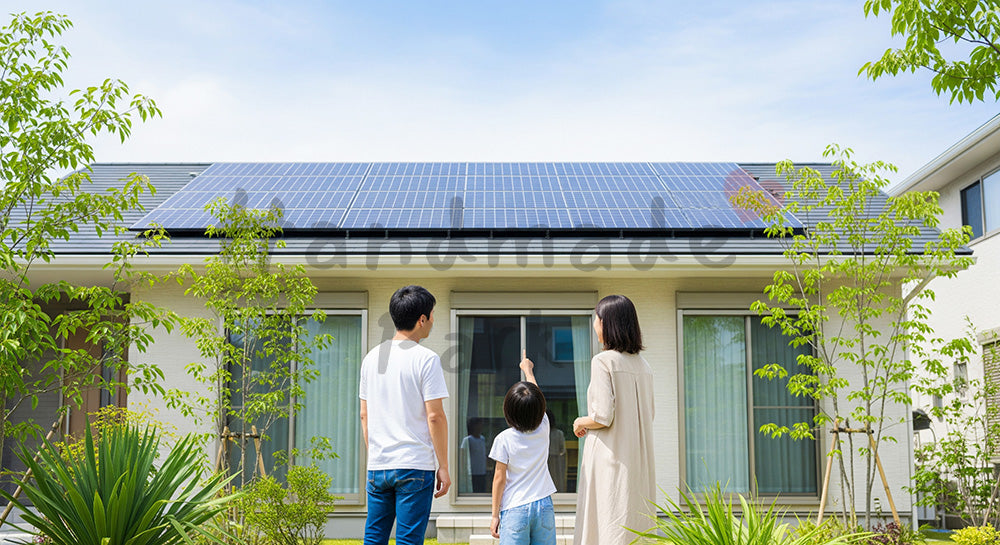 フリー素材 無料 写真｜ソーラーパネル付き住宅を見上げる日本人家族のエコ住宅シーン 写真背景