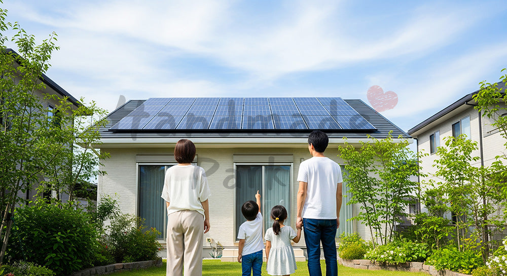 フリー素材 無料 写真｜ソーラーパネル付き住宅を見上げる日本人家族のエコ住宅シーン 背景素材
