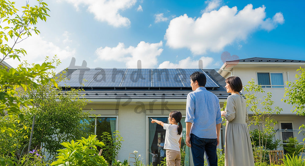 フリー素材 無料 写真｜ソーラーパネル付き住宅を見上げる日本人家族のエコ住宅シーン