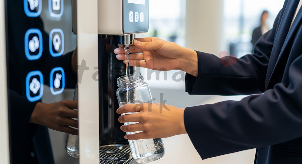 フリー素材 無料 写真｜給水ステーションでマイボトルに水を補給する日本人若者のエコ習慣 余白あり