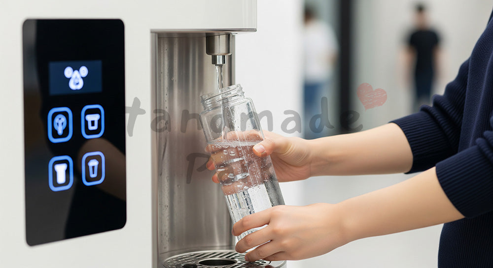 フリー素材 無料 写真｜給水ステーションでマイボトルに水を補給する日本人若者のエコ習慣 背景素材