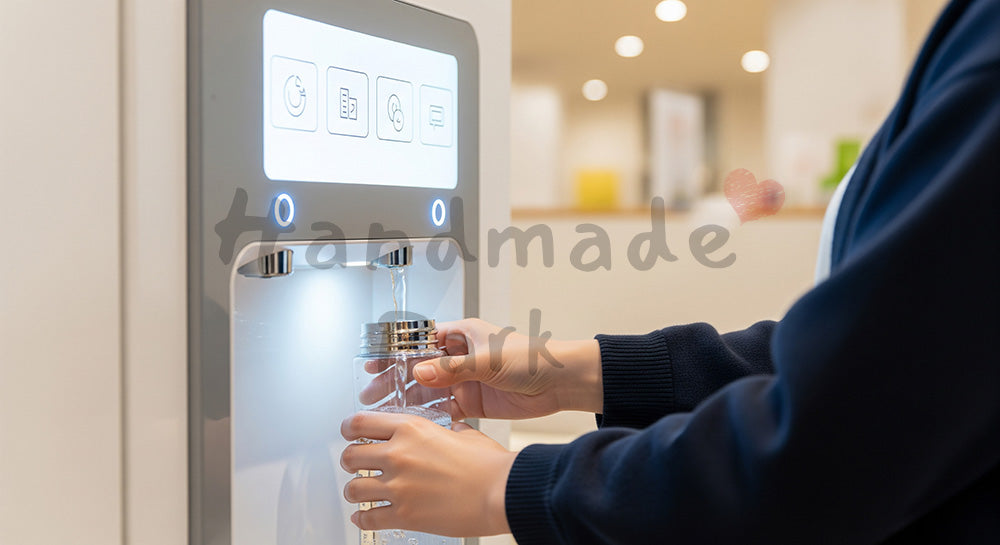 フリー素材 無料 写真｜給水ステーションでマイボトルに水を補給する日本人若者のエコ習慣