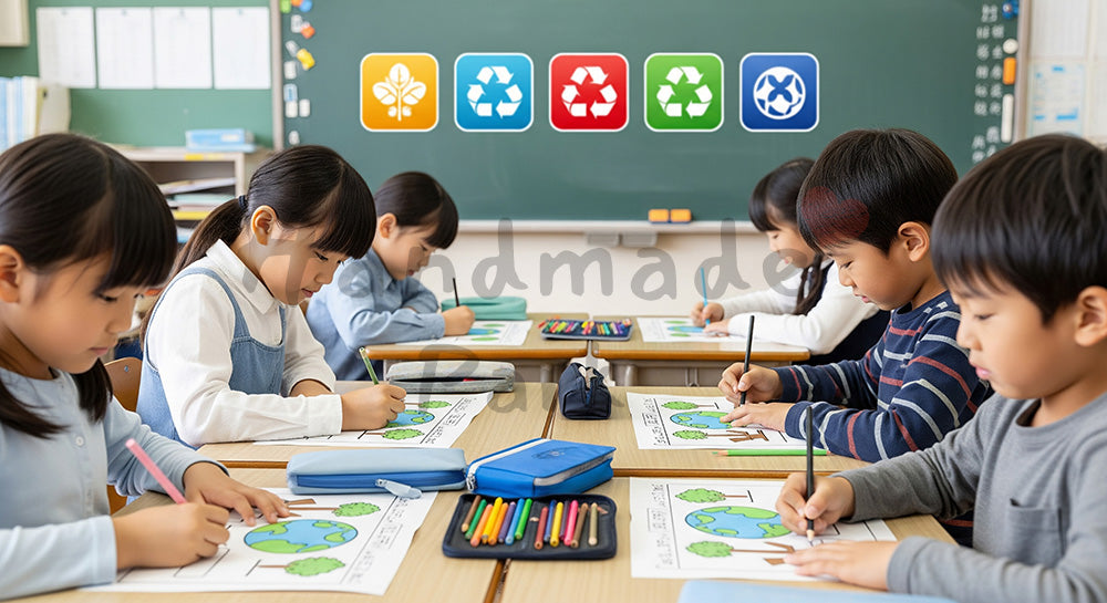 フリー素材 無料 写真｜環境やリサイクルをテーマにしたワークシートに取り組む日本人小学生たち 写真背景