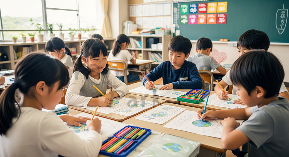 フリー素材 無料 写真｜環境やリサイクルをテーマにしたワークシートに取り組む日本人小学生たち