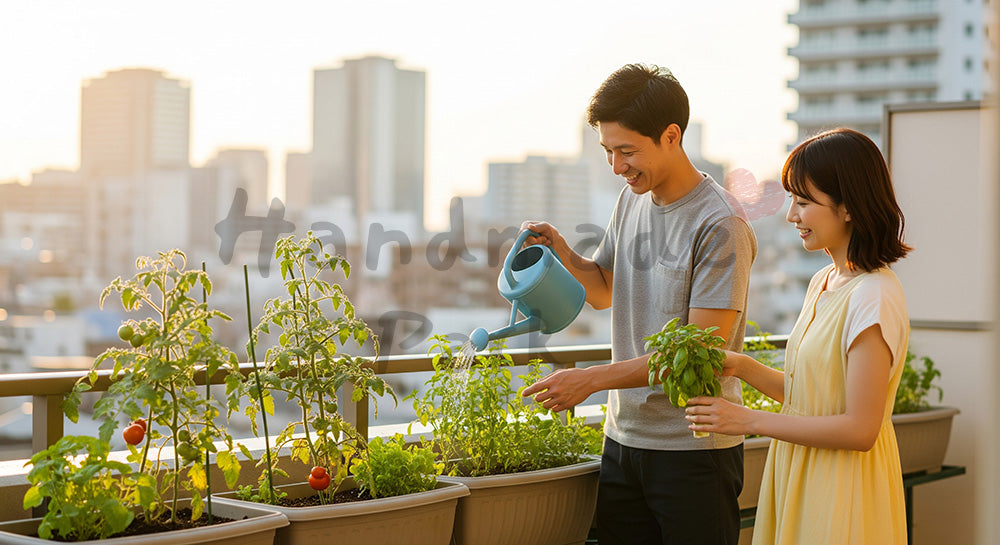 フリー素材 無料 写真｜ベランダ菜園でミニトマトに水やりをする日本人カップルの都市型エコライフ 余白あり