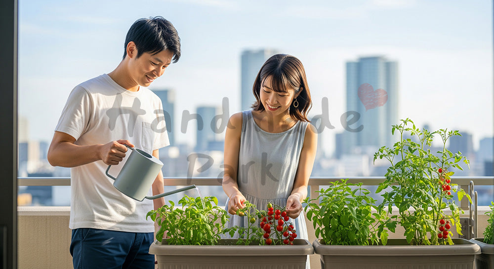 フリー素材 無料 写真｜ベランダ菜園でミニトマトに水やりをする日本人カップルの都市型エコライフ 写真背景