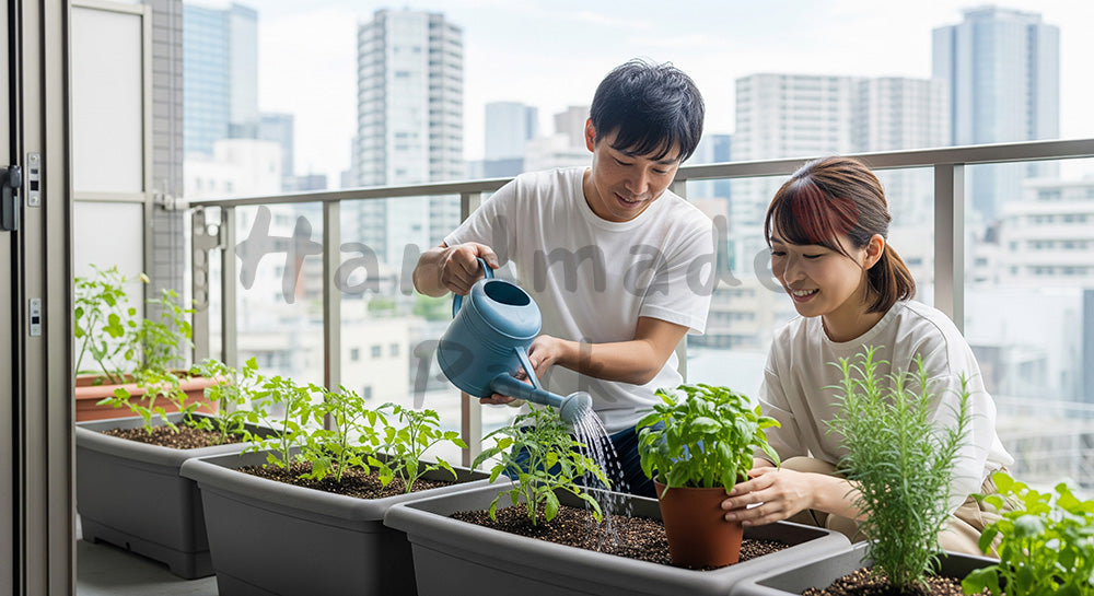フリー素材 無料 写真｜ベランダ菜園でミニトマトに水やりをする日本人カップルの都市型エコライフ 背景素材