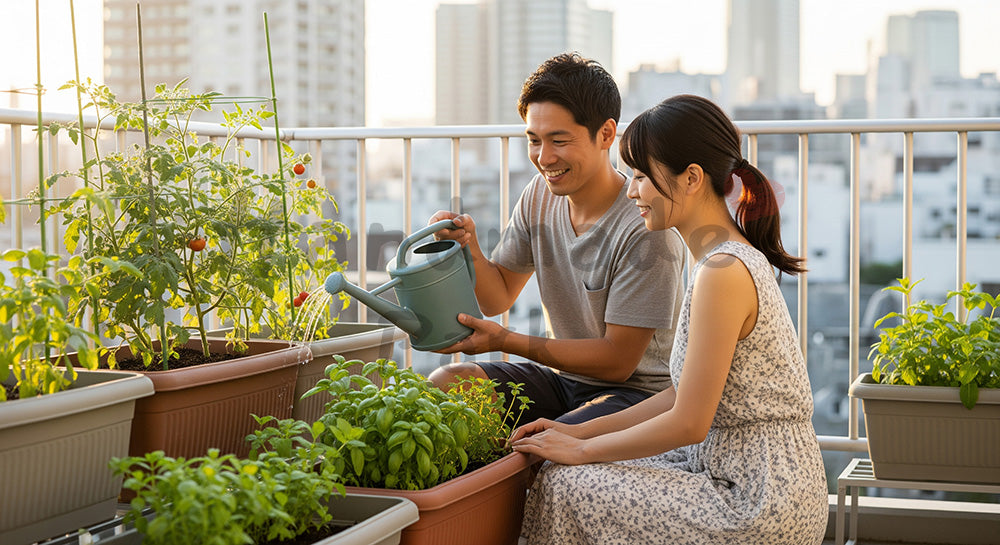 フリー素材 無料 写真｜ベランダ菜園でミニトマトに水やりをする日本人カップルの都市型エコライフ