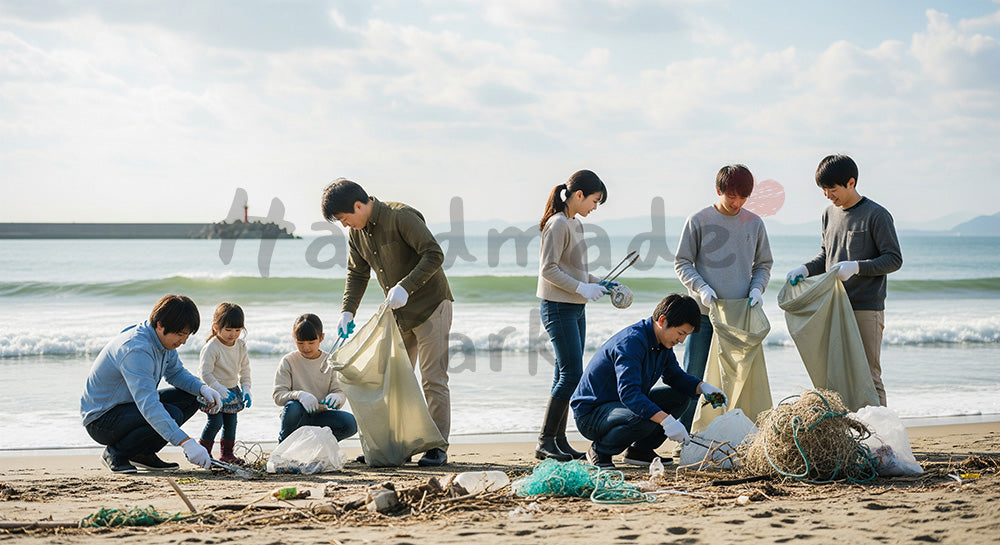 フリー素材 無料 写真｜海岸清掃ボランティアでごみ拾いをする日本人たちの環境保全シーン 余白あり