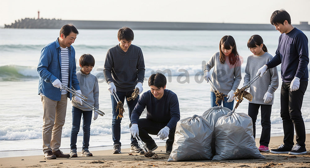 フリー素材 無料 写真｜海岸清掃ボランティアでごみ拾いをする日本人たちの環境保全シーン 写真背景