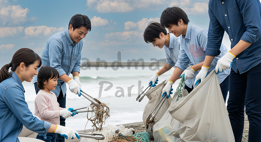 フリー素材 無料 写真｜海岸清掃ボランティアでごみ拾いをする日本人たちの環境保全シーン 背景素材