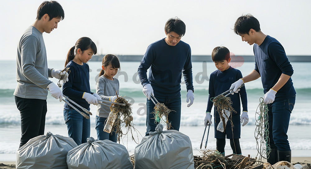 フリー素材 無料 写真｜海岸清掃ボランティアでごみ拾いをする日本人たちの環境保全シーン