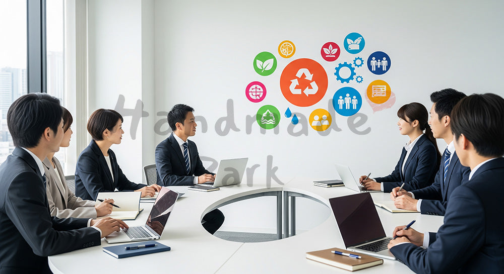 フリー素材 無料 写真｜環境や社会課題についてディスカッションする日本人ビジネスパーソンのSDGs会議シーン 余白あり