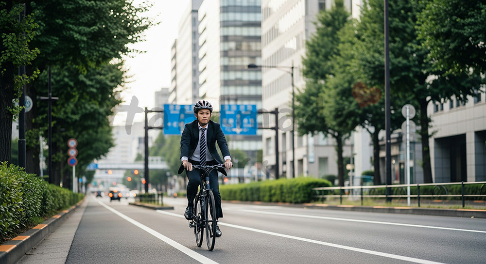 フリー素材 無料 写真｜自転車専用レーンをクロスバイクで通勤する日本人ビジネスパーソン 写真背景