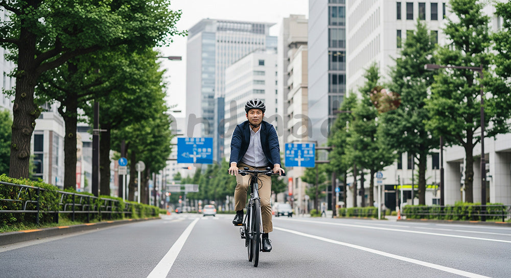 フリー素材 無料 写真｜自転車専用レーンをクロスバイクで通勤する日本人ビジネスパーソン