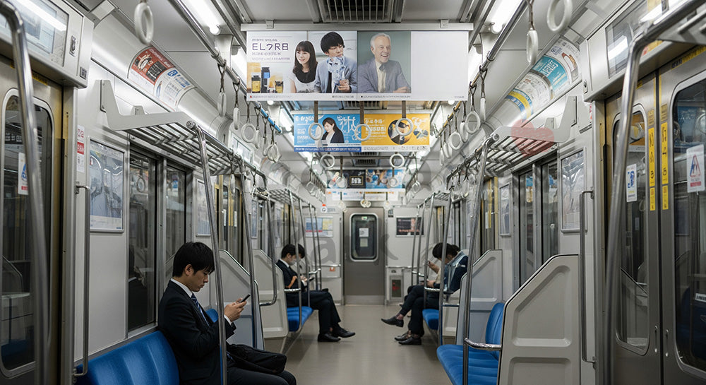 フリー素材 無料 写真｜電車通勤でスマートフォンを見る日本人ビジネスパーソンのエコ通勤シーン 背景素材