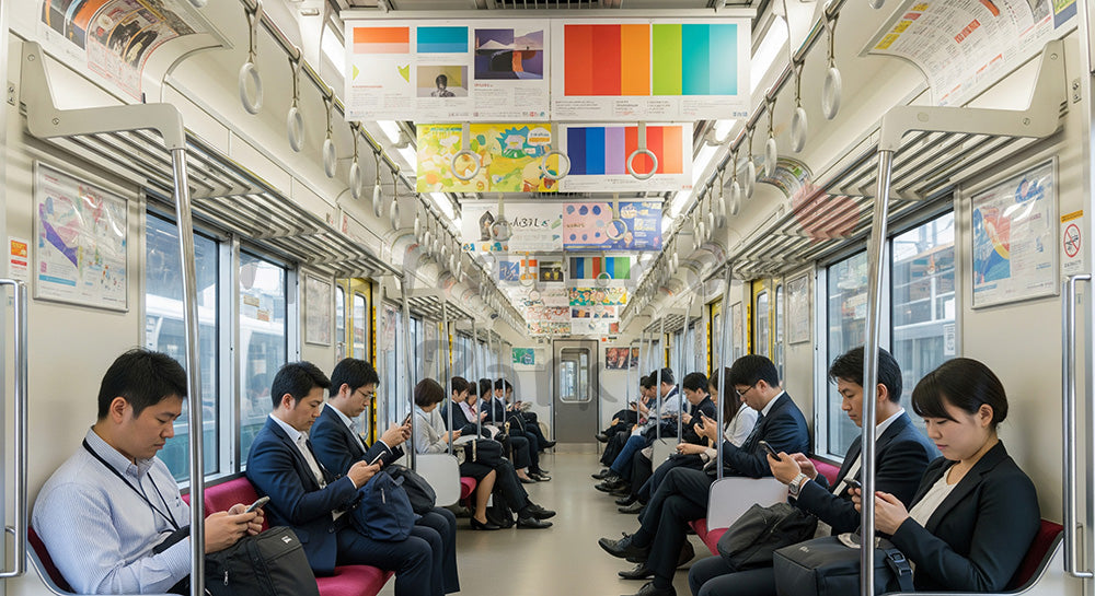 フリー素材 無料 写真｜電車通勤でスマートフォンを見る日本人ビジネスパーソンのエコ通勤シーン