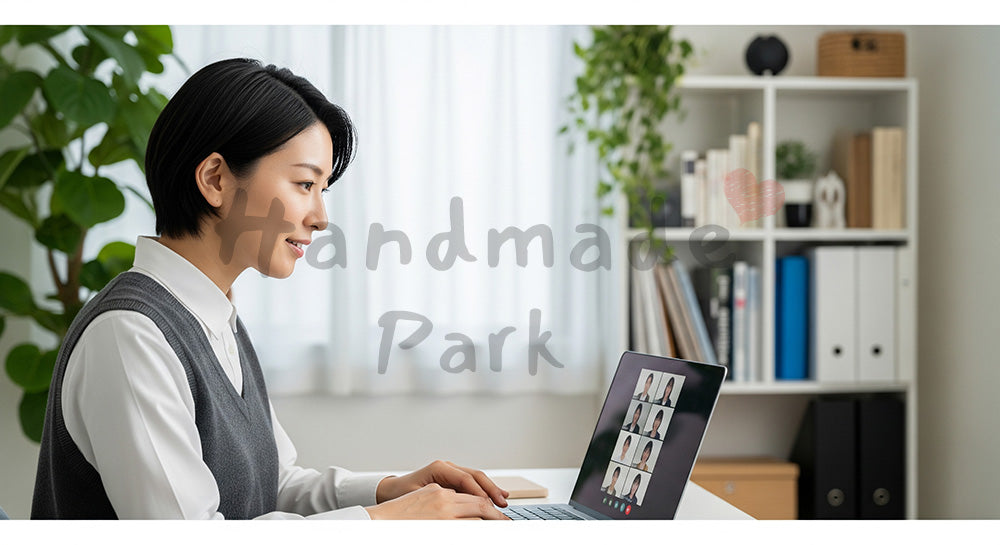 フリー素材 無料 写真｜自宅ワークスペースでオンライン会議に参加する日本人ビジネスパーソン 写真背景