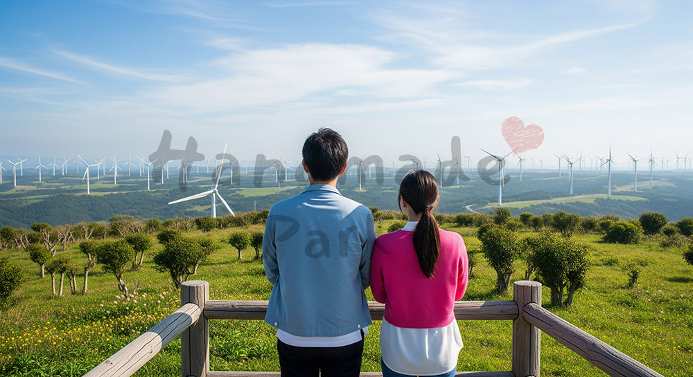 フリー素材 無料 写真｜風力発電タービン群を見下ろす丘の上に立つ日本人カップルのサステナブル風景 写真背景