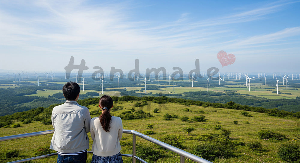 フリー素材 無料 写真｜風力発電タービン群を見下ろす丘の上に立つ日本人カップルのサステナブル風景 背景素材