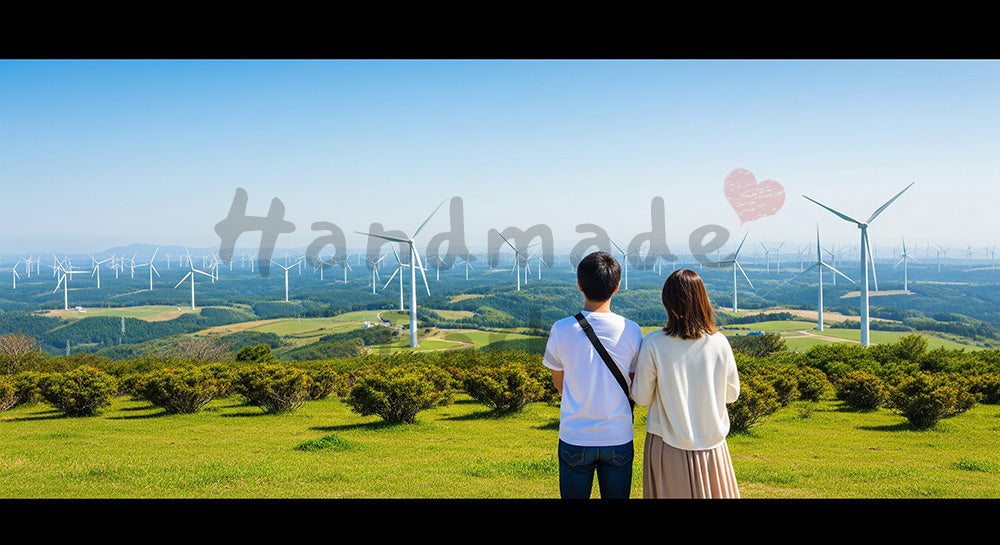 フリー素材 無料 写真｜風力発電タービン群を見下ろす丘の上に立つ日本人カップルのサステナブル風景