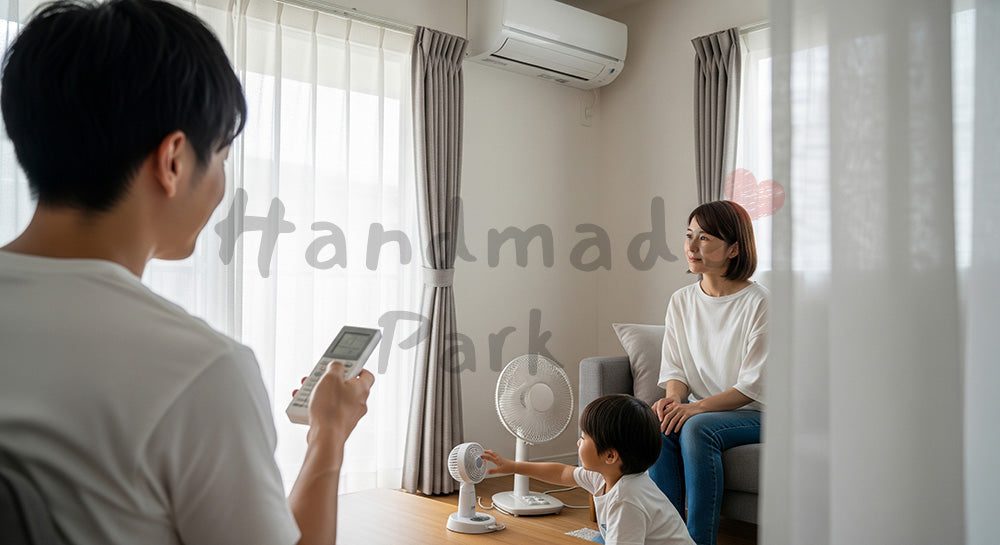 フリー素材 無料 写真｜エアコンと扇風機を併用して省エネ対策をする日本人家族の夏のリビング 余白あり