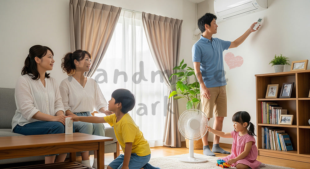 フリー素材 無料 写真｜エアコンと扇風機を併用して省エネ対策をする日本人家族の夏のリビング 背景素材