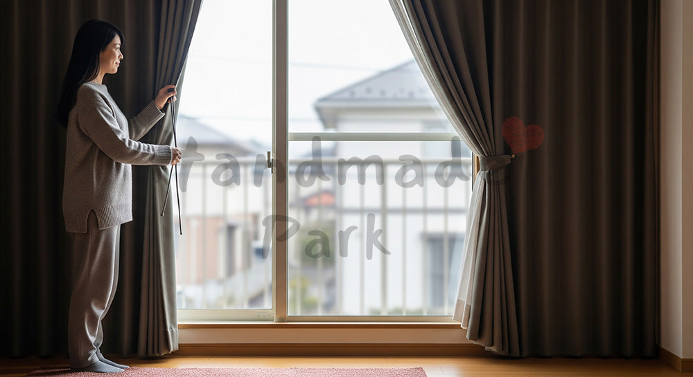 フリー素材 無料 写真｜断熱カーテンを閉めて暖房効率を高める日本人女性の冬の省エネシーン 余白あり