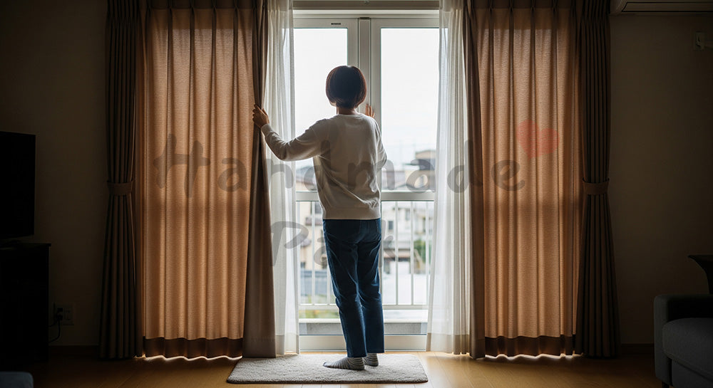 フリー素材 無料 写真｜断熱カーテンを閉めて暖房効率を高める日本人女性の冬の省エネシーン 写真背景