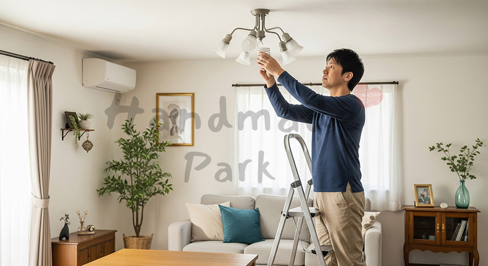 フリー素材 無料 写真｜リビングの電球をLED電球に交換する日本人男性の省エネライフ 余白あり
