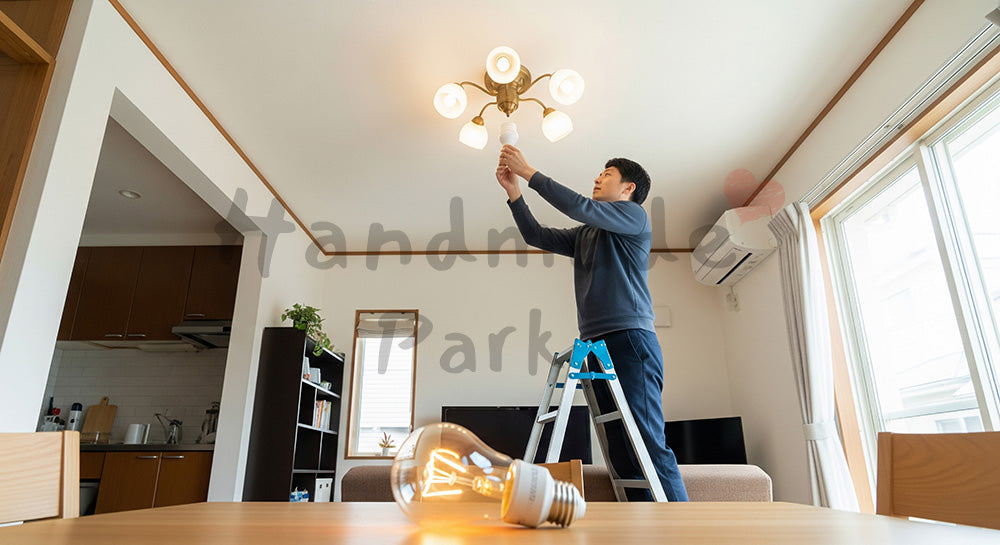フリー素材 無料 写真｜リビングの電球をLED電球に交換する日本人男性の省エネライフ 写真背景