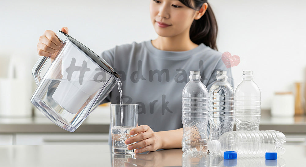 フリー素材 無料 写真｜浄水ポットの水を注ぎペットボトル削減を意識する日本人女性 背景素材