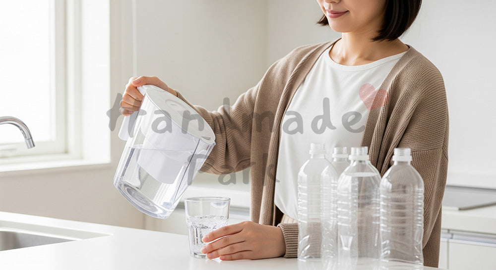 フリー素材 無料 写真｜浄水ポットの水を注ぎペットボトル削減を意識する日本人女性