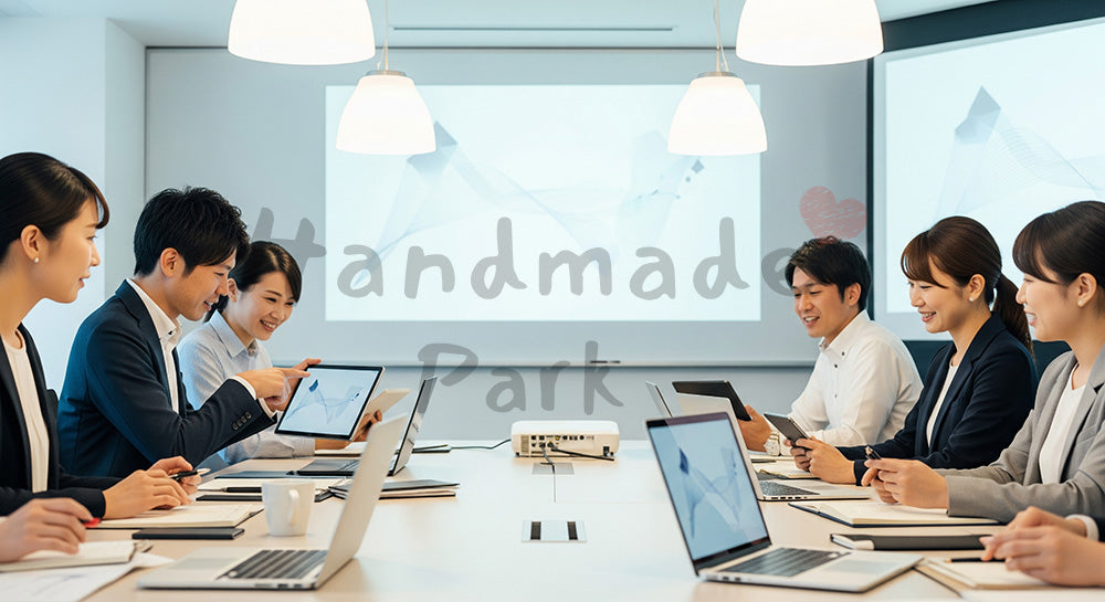フリー素材 無料 写真｜ノートPCとタブレット中心のペーパーレス会議を行う日本人ビジネスパーソン 余白あり