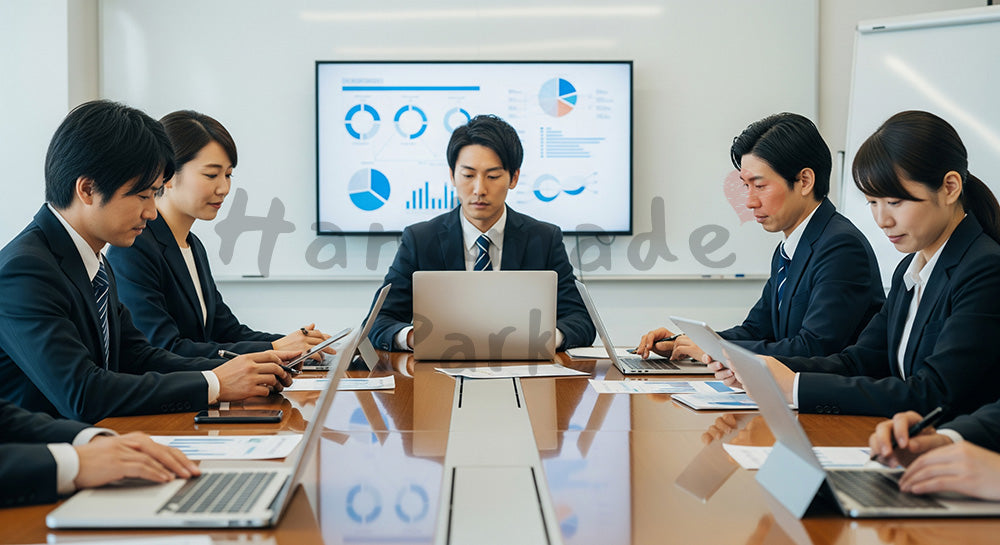 フリー素材 無料 写真｜ノートPCとタブレット中心のペーパーレス会議を行う日本人ビジネスパーソン 背景素材