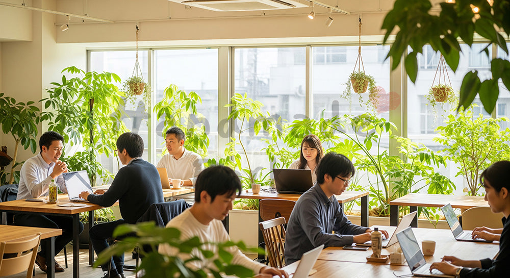 フリー素材 無料 写真｜観葉植物に囲まれたコワーキングスペースで働く日本人リモートワーカー 余白あり
