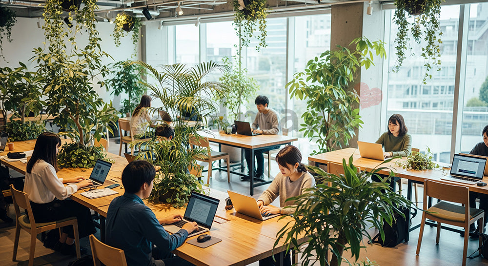 フリー素材 無料 写真|観葉植物に囲まれたコワーキングスペースで働く日本人リモートワーカー 写真背景