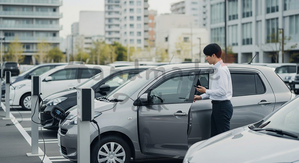 フリー素材 無料 写真｜カーシェアリングで電気自動車を利用する日本人男性のエコモビリティシーン 余白あり