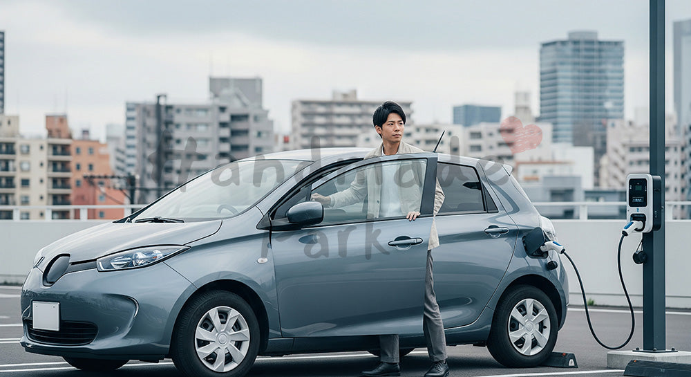 フリー素材 無料 写真｜カーシェアリングで電気自動車を利用する日本人男性のエコモビリティシーン