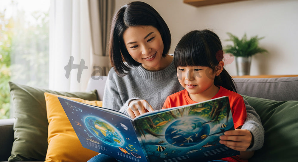 フリー素材 無料 写真｜環境をテーマにした絵本を読み聞かせる日本人母子のリビングシーン 余白あり