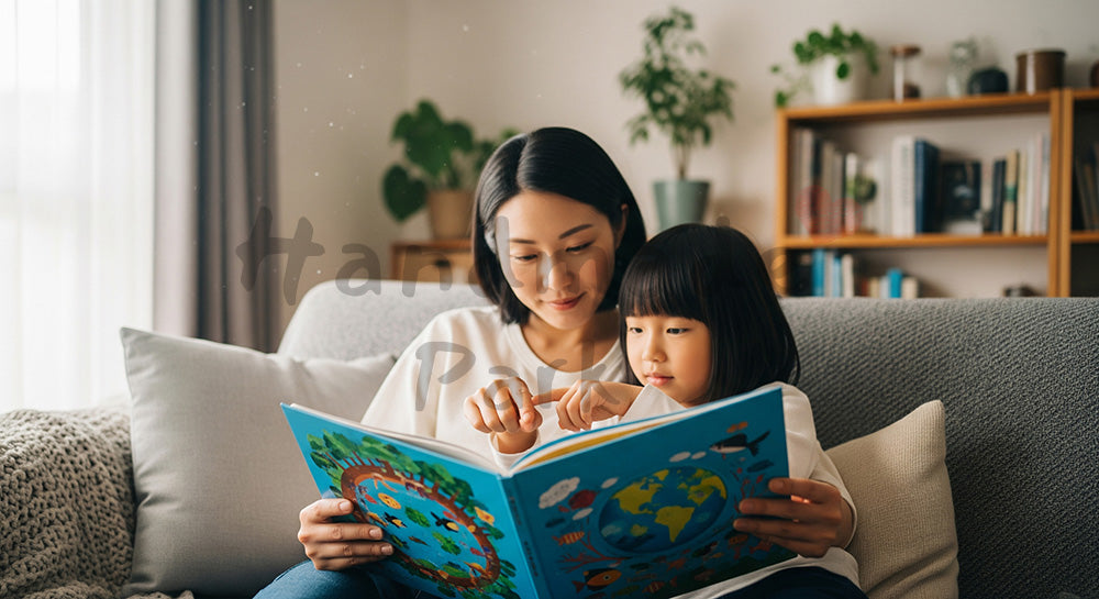 フリー素材 無料 写真｜環境をテーマにした絵本を読み聞かせる日本人母子のリビングシーン 写真背景
