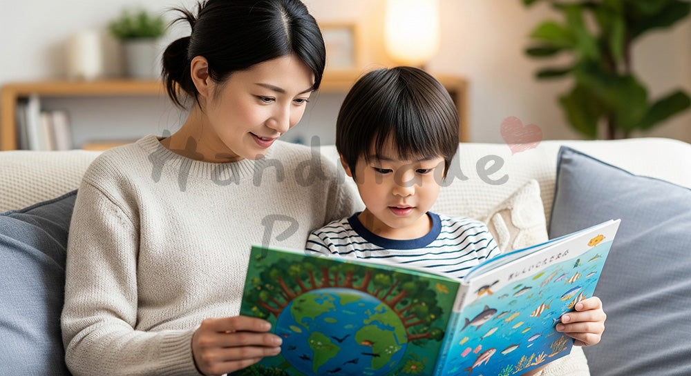 フリー素材 無料 写真｜環境をテーマにした絵本を読み聞かせる日本人母子のリビングシーン 背景素材